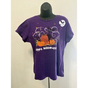 Happy Halloween Graphic Print T-Shirt Womens 2 XL Black Cat Bat Pumpkins Holiday